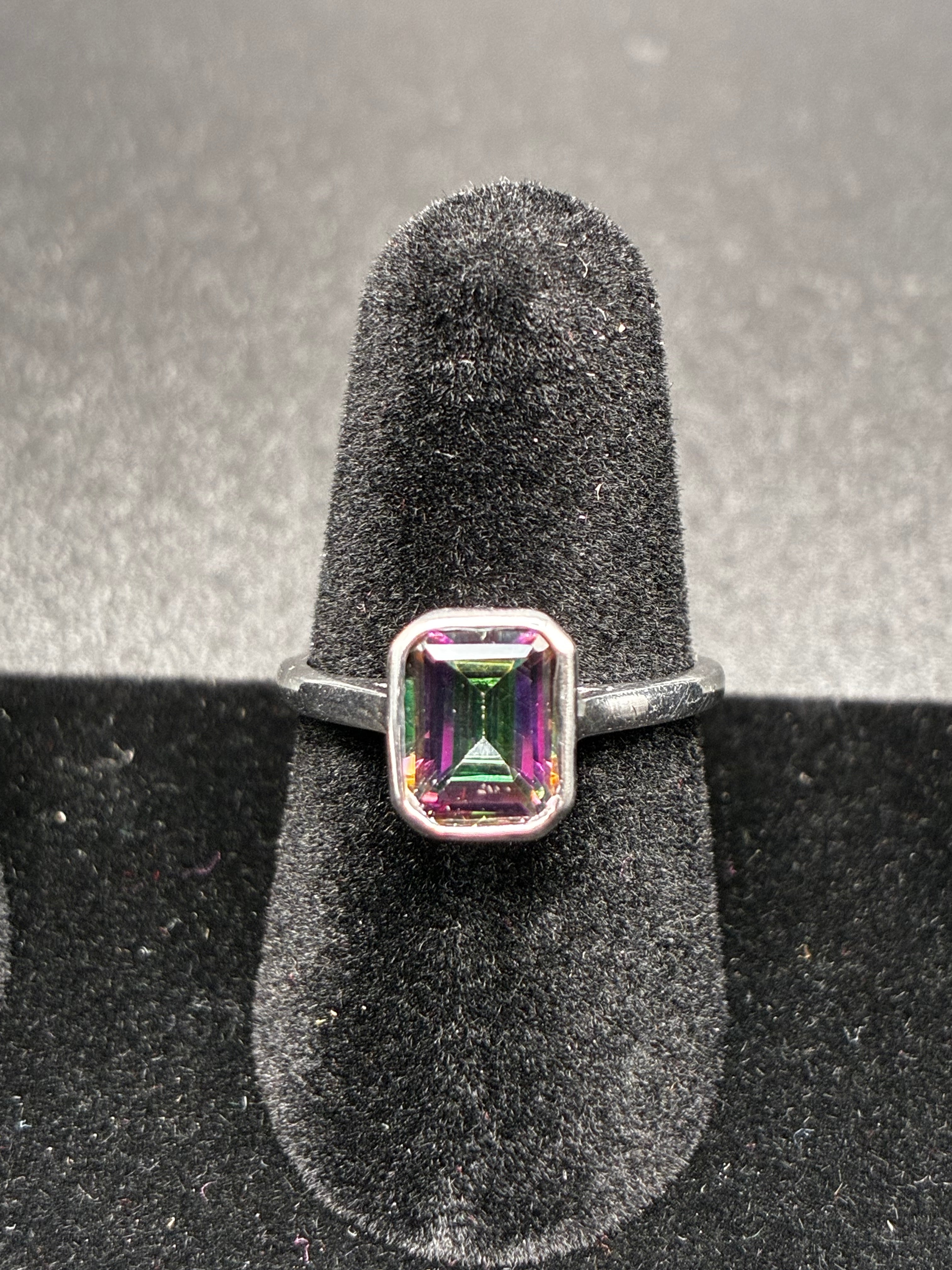 Mystic Topaz Bezel Set Emerald Cut Solitaire Ring
